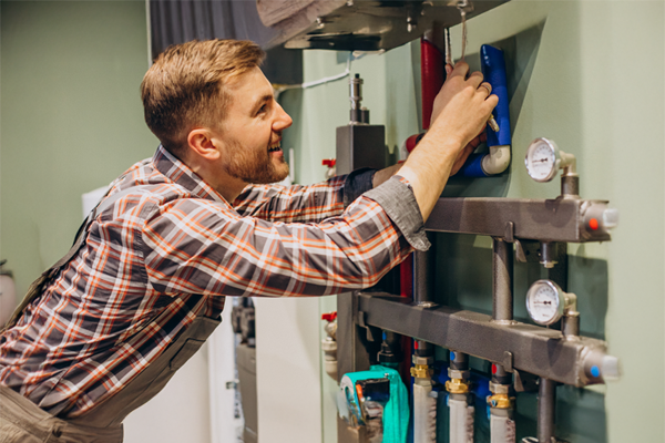 gas safe engineer inspecting a boiler