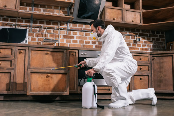 Pest control technician in a protective suit spraying for pests in a kitchen.